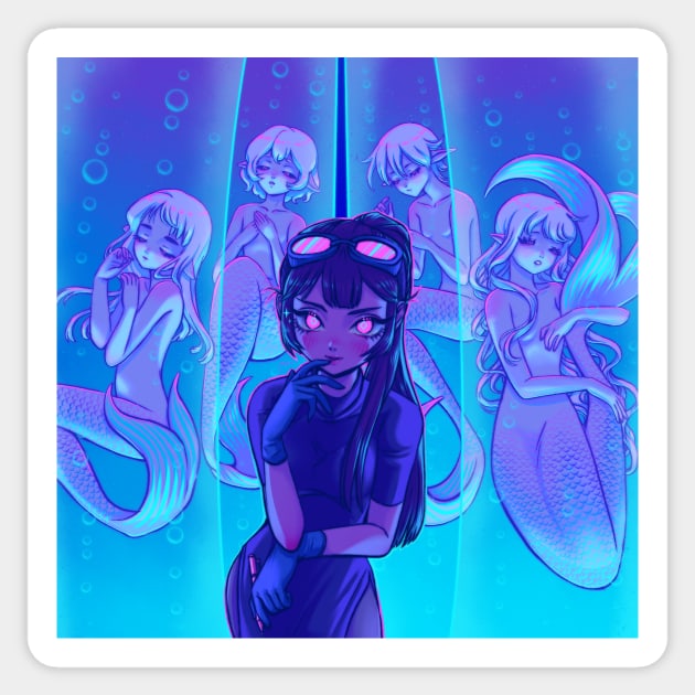 Neon, Anime, Mermaid, Girls, Digital Painting Mermaid Love Sticker